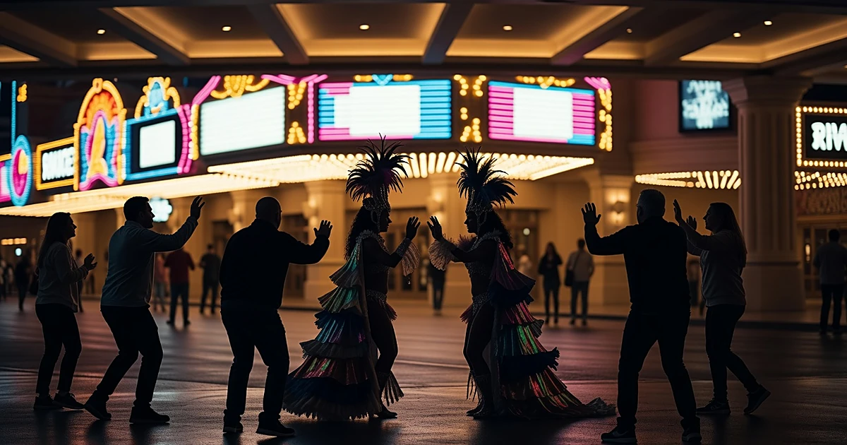 Silhouettes of costumed street performers in tense interaction with tourists on the Las Vegas Strip at night