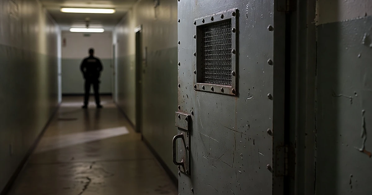 Steel holding cell door in courthouse corridor with silhouetted guard in background under fluorescent lighting