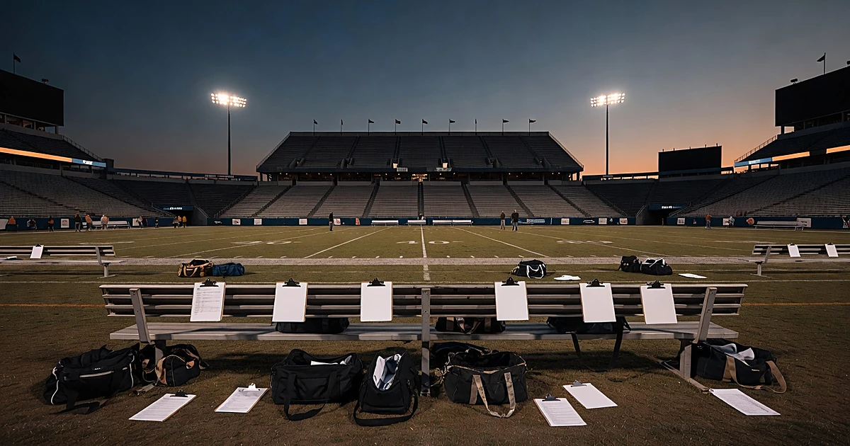 Empty football stadium sideline with scattered equipment and glowing lights at dusk