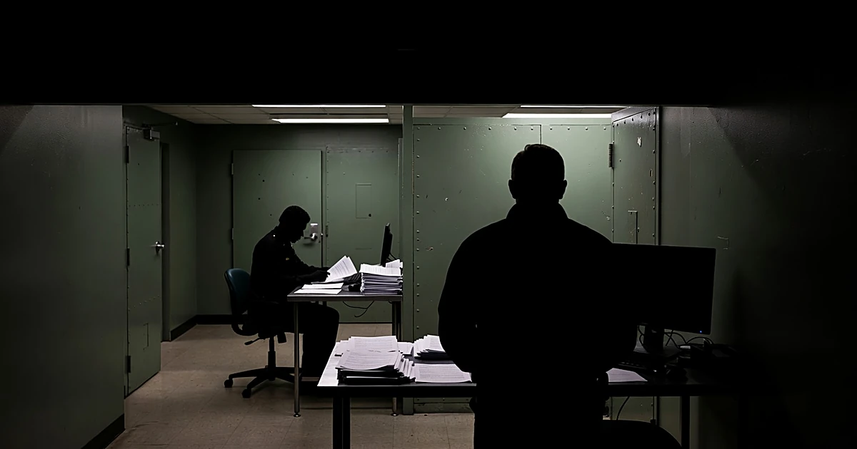 Silhouetted figures in a police booking station under fluorescent lights at night