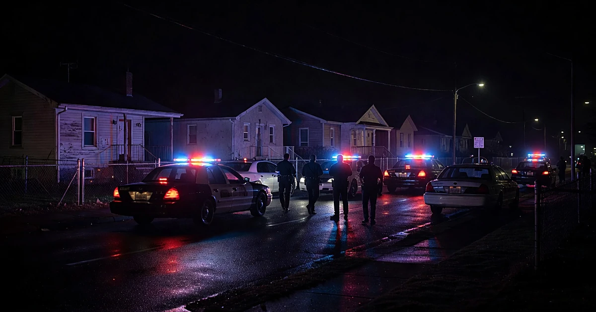 Police emergency lights illuminating a residential street at night with officers responding to an incident