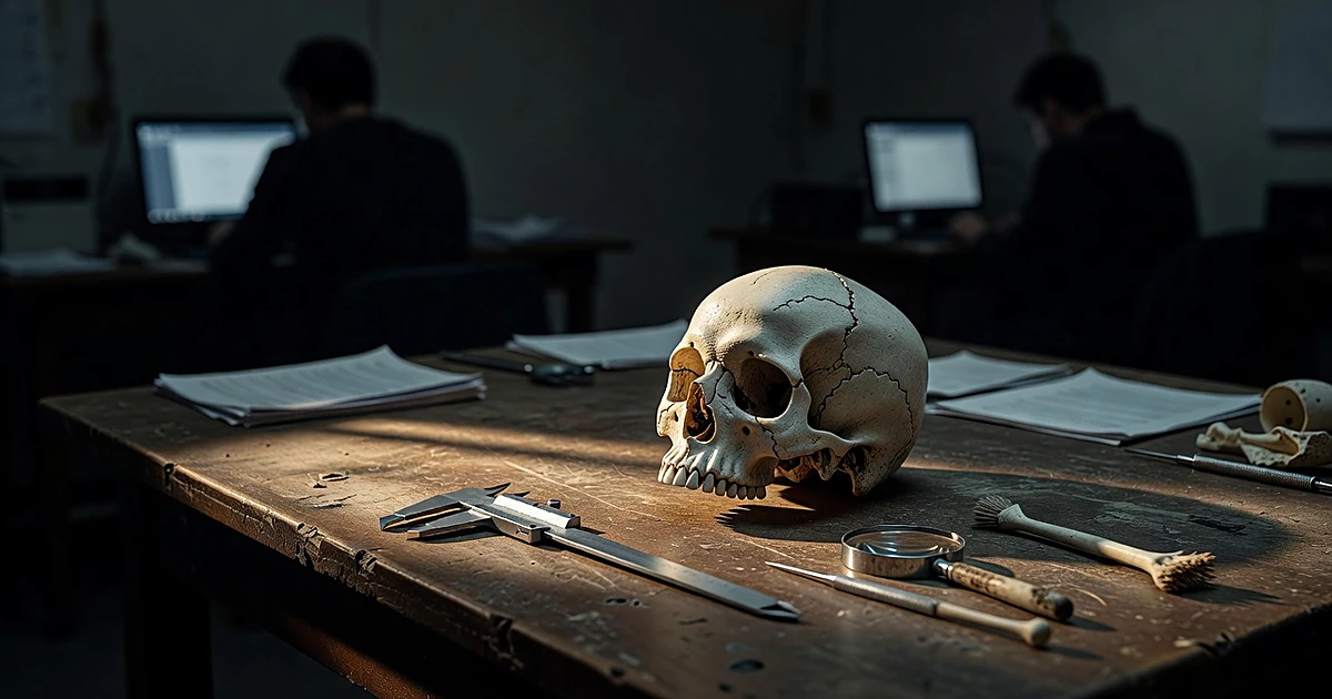 Ancient human skull with visible cranial trauma on archaeological examination table with forensic tools