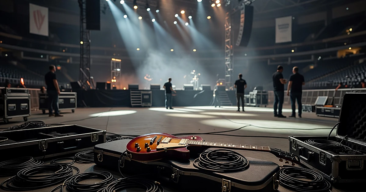 Electric guitar on road case in empty concert venue with stage lighting in background