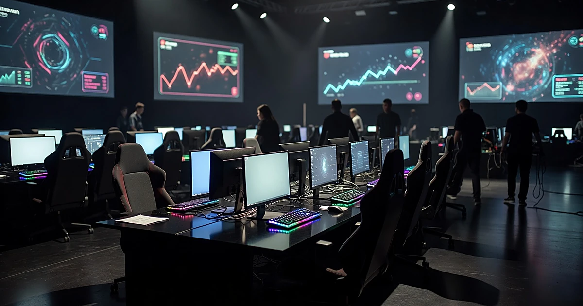 Empty esports tournament gaming stations with glowing monitors and silhouetted staff in background