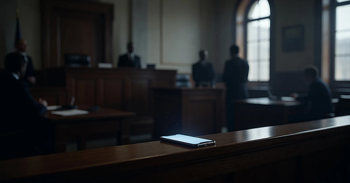 Smartphone on witness stand rail in darkened federal courtroom with silhouetted attorneys in background