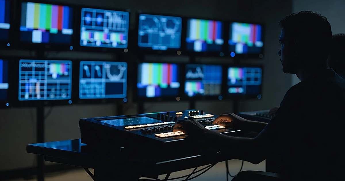 Television studio control room with glowing monitors and silhouetted hands on production console in dramatic lighting