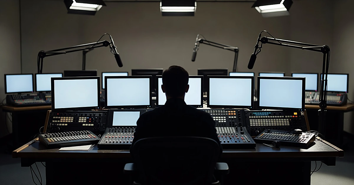 Silhouetted figure at broadcast studio control console with glowing screens and professional audio equipment