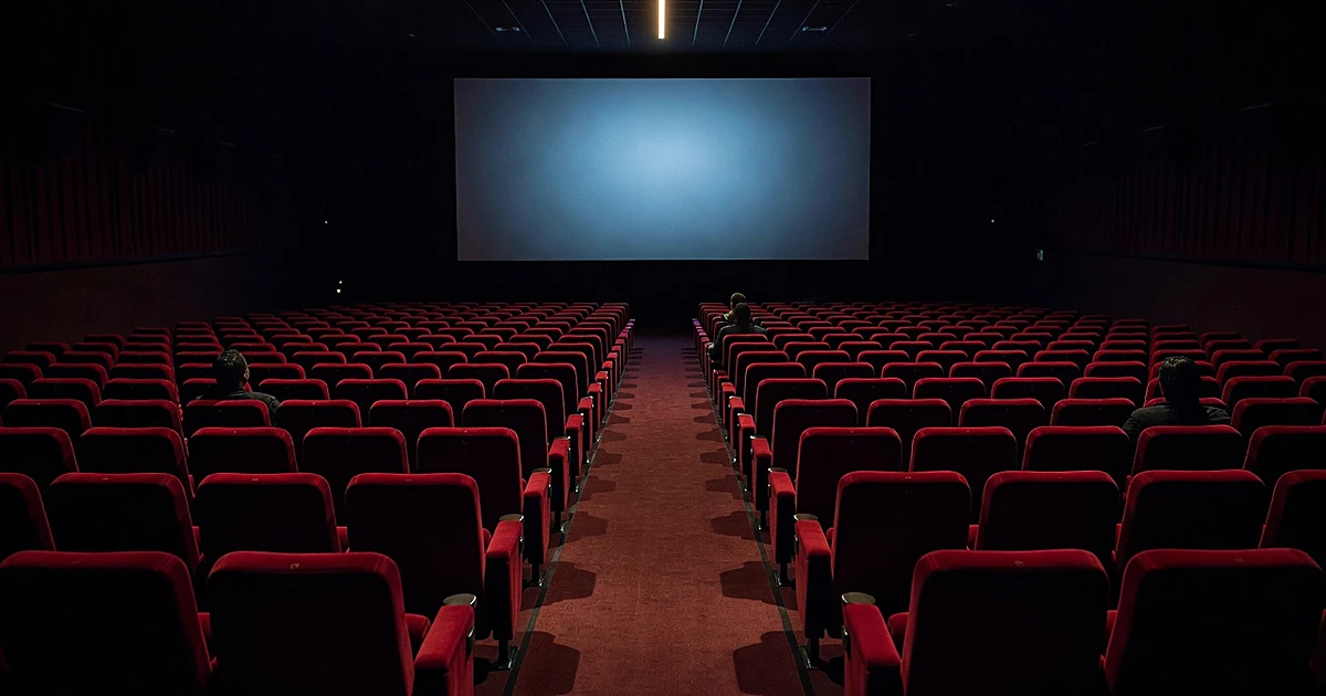 Nearly empty movie theater with scattered silhouetted viewers in rows of red seats facing a glowing screen