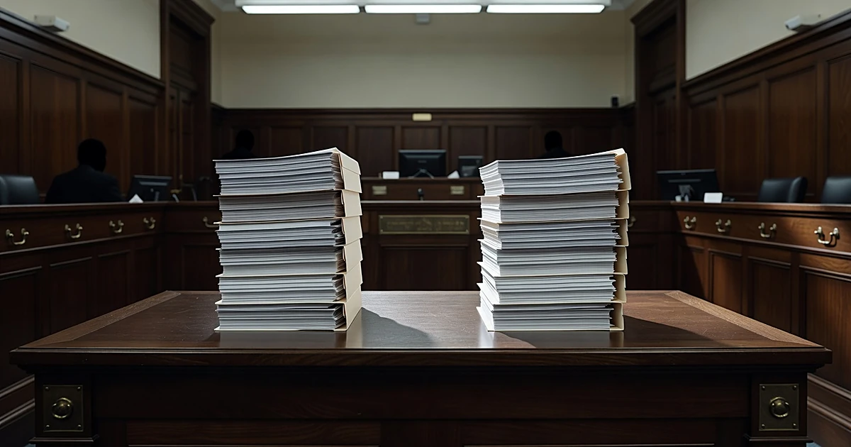 Empty federal courtroom bench with two separate stacks of legal documents on opposite sides