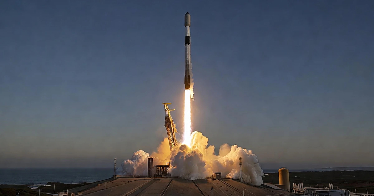 Rocket launching vertically from coastal pad at dawn with bright exhaust plume illuminating launch infrastructure