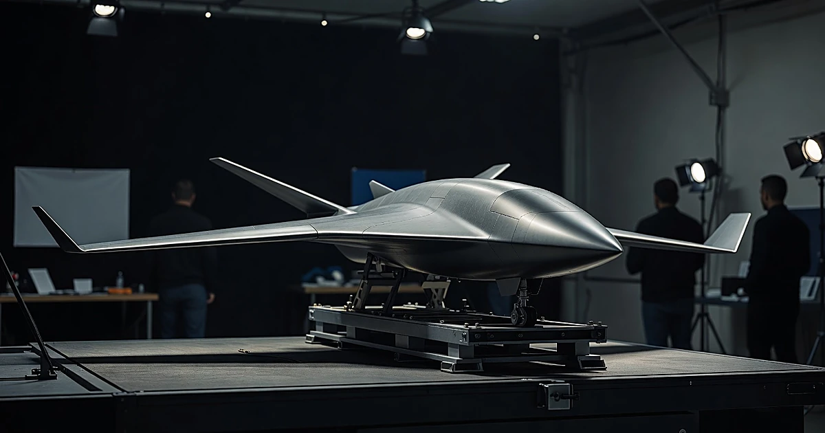 Blended-wing aircraft prototype model on test platform with dramatic studio lighting against dark background