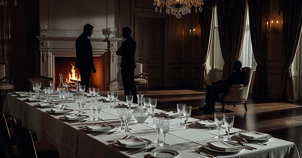 Two silhouetted figures in confrontational stance at formal dinner party with fireplace in background