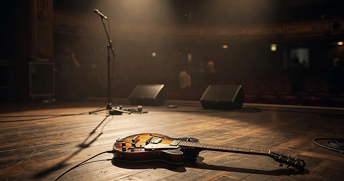 Electric guitar on wooden stage floor under warm stage lights with microphone stand shadow