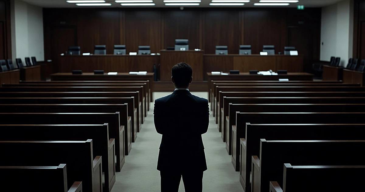 Silhouetted figure facing empty international courtroom bench in formal tribunal chamber