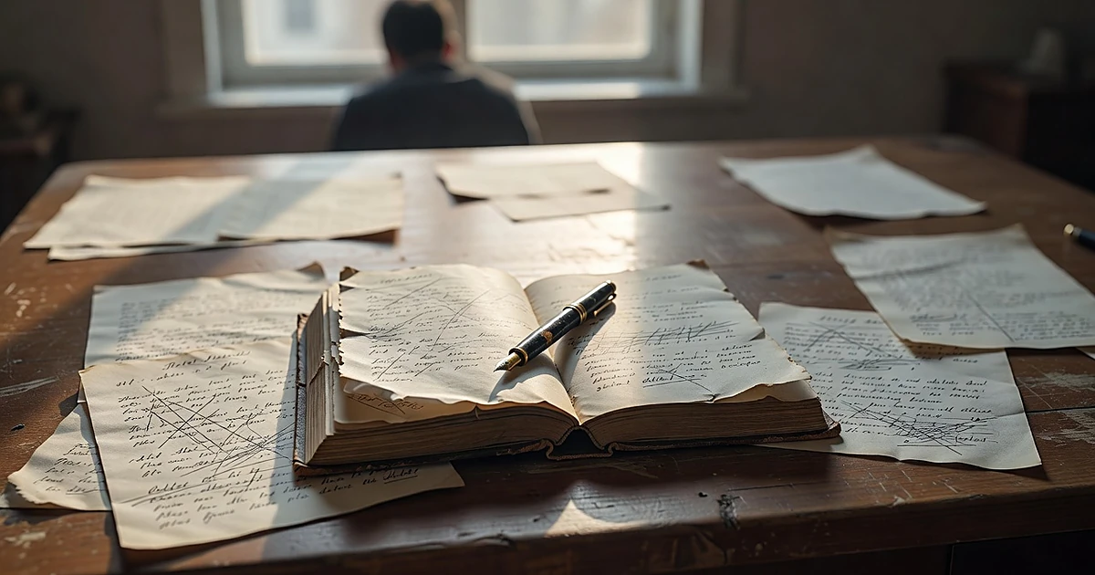 Open hardcover book on wooden desk surrounded by handwritten manuscript pages and fountain pen in warm natural light