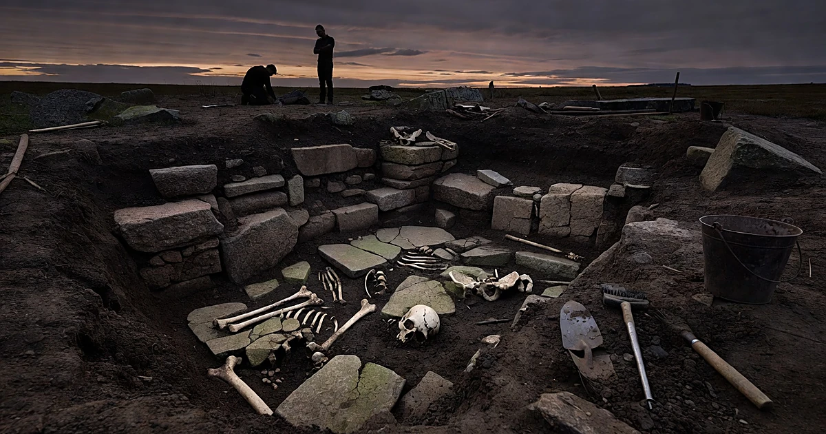 Archaeological excavation site showing ancient skeletal remains and stone foundations in dark soil at dusk