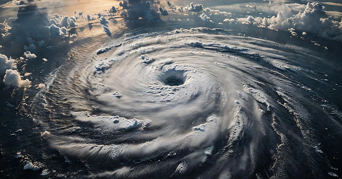 Aerial view of massive typhoon spiral with defined eye wall over dark Pacific Ocean waters
