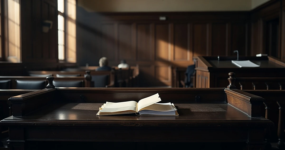 Empty courtroom bench with open case folder, afternoon light streaming through windows creating dramatic shadows
