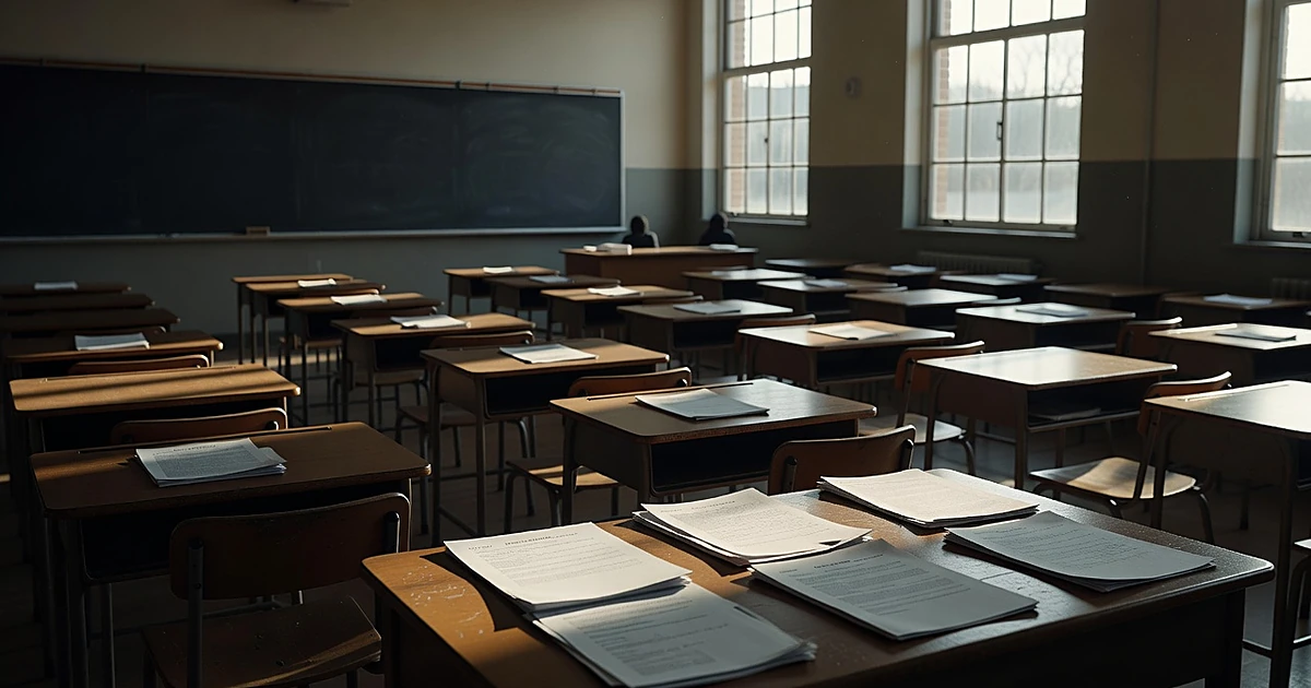 Empty classroom with student desks and scattered admission documents on teacher's desk in afternoon light