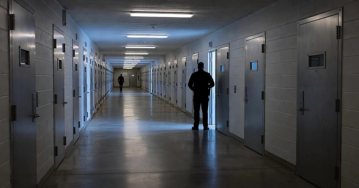 Immigration detention facility corridor with silhouetted security personnel and reinforced cell doors