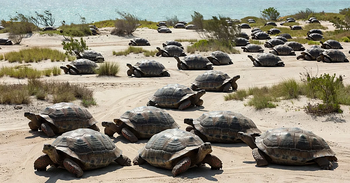 Multiple giant tortoises spread across sunny tropical atoll terrain with ocean in background