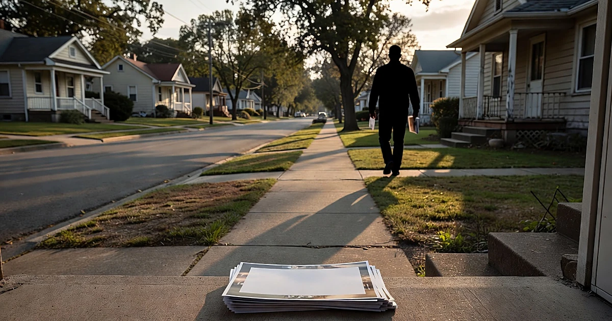 Silhouetted canvasser walking toward residential front door holding campaign materials on suburban street