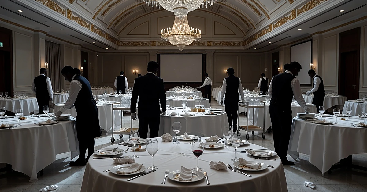 Hotel banquet hall with abandoned tables and silhouetted staff cleaning after an interrupted wedding reception