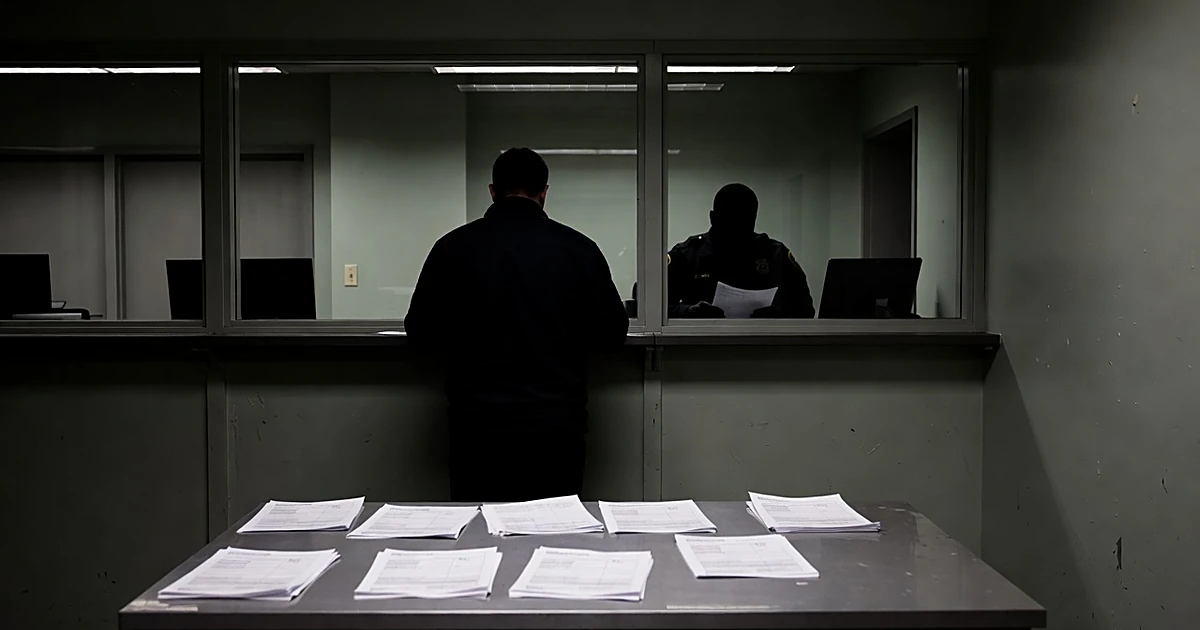 Silhouetted figures at a courthouse booking station desk with scattered blank forms under fluorescent lighting