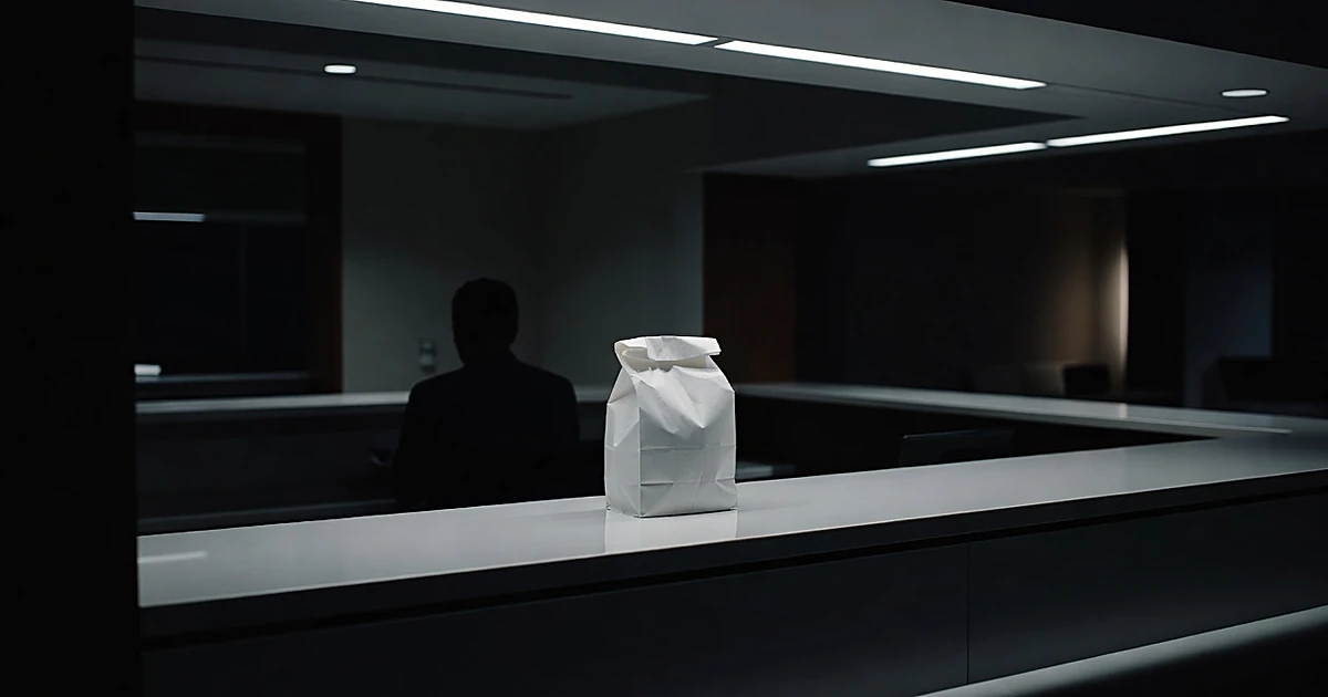 White takeout bag on apartment building reception desk at night with silhouetted figure in background