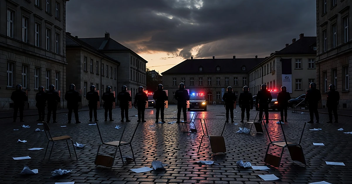 Empty school courtyard with scattered debris and distant police silhouettes at dusk with emergency lights