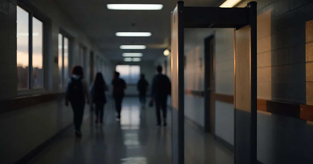 School corridor with metal detector and silhouetted students in dim institutional lighting