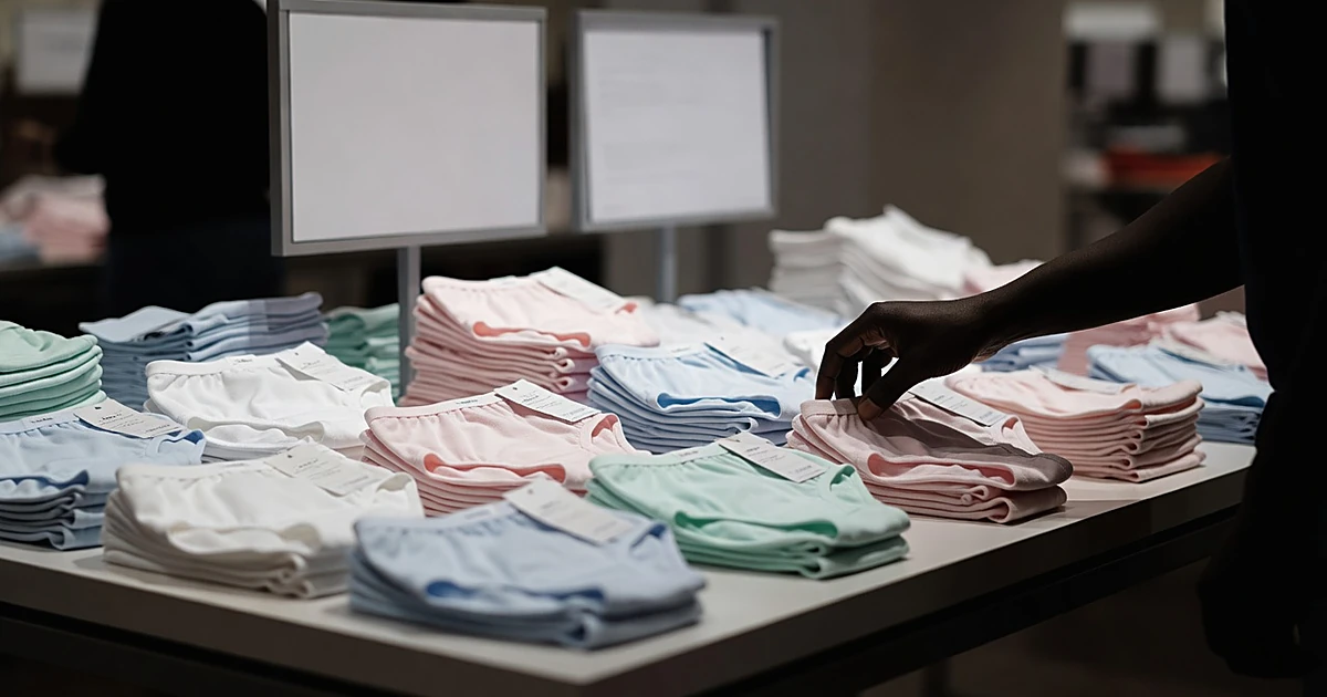 Silhouetted hand reaching toward stacks of children's underwear on retail display table in department store