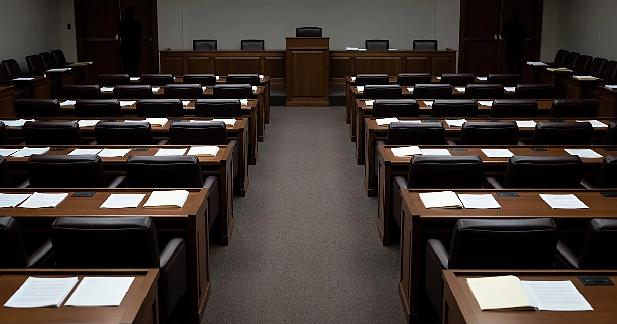 Empty legislative chamber with scattered papers and two distant silhouetted figures in opposite corners
