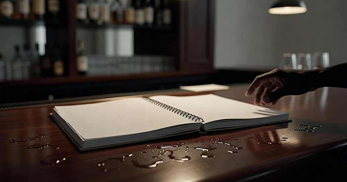 Open playbook document on hotel bar counter with silhouetted hand reaching toward it