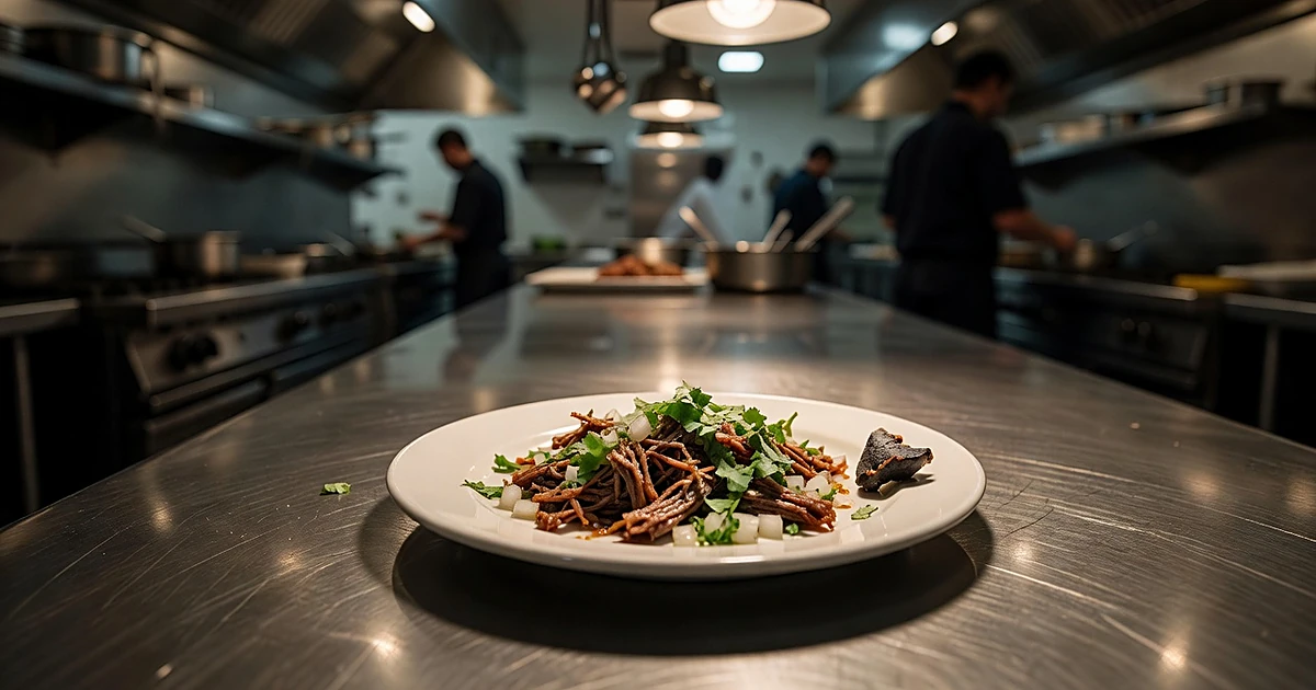 Restaurant prep table with taco ingredients and foreign object on white plate in commercial kitchen setting