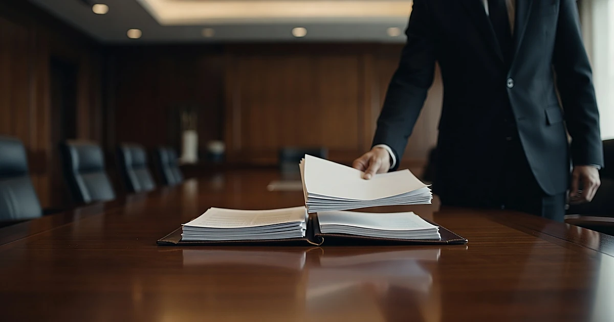 Silhouetted figure sliding documents across boardroom table in tense negotiation setting