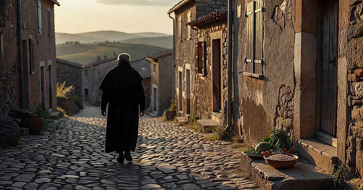 Elderly silhouette walking cobblestone street in Sardinian village with bowl of beans on doorstep at golden hour