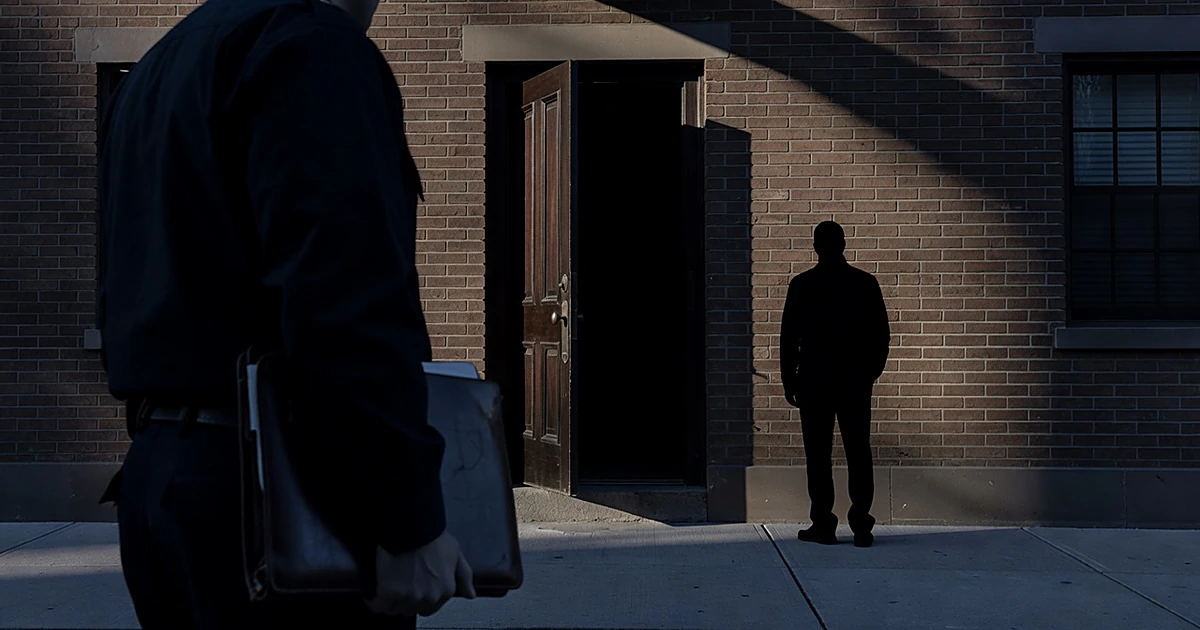 Silhouetted federal agent at residential doorway during early morning investigation in Washington D.C.