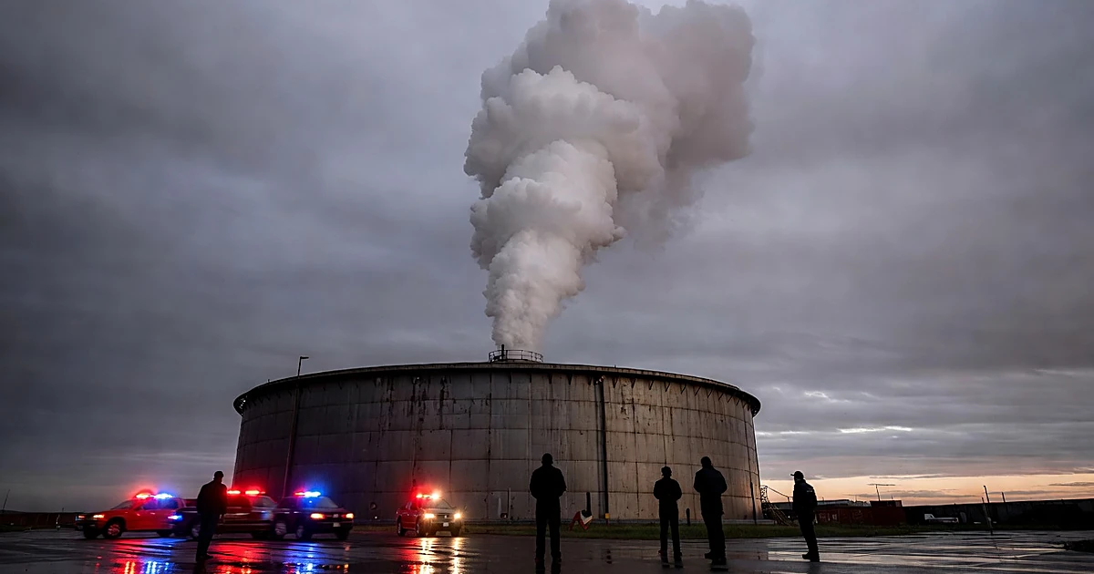 Industrial chemical storage tank venting vapor with emergency lights flashing on wet pavement at dusk