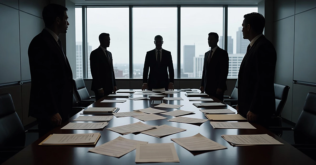 Corporate boardroom table with scattered documents and silhouetted figures around perimeter in institutional lighting