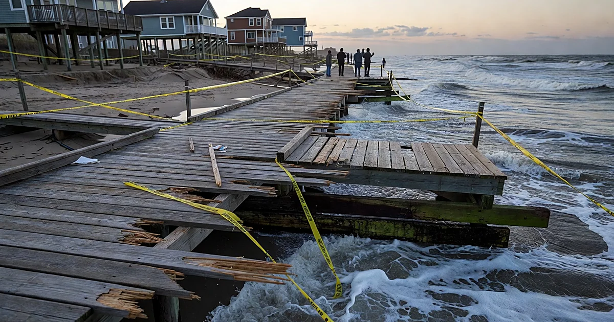 Storm-damaged boardwalk with torn planking and waves crashing against exposed beams near threatened beachfront homes