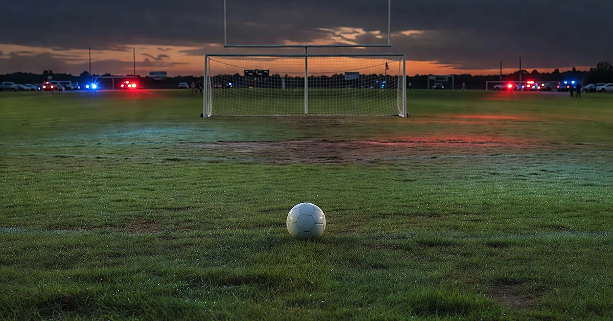 Empty youth soccer field at dusk with emergency lights flashing in the distance