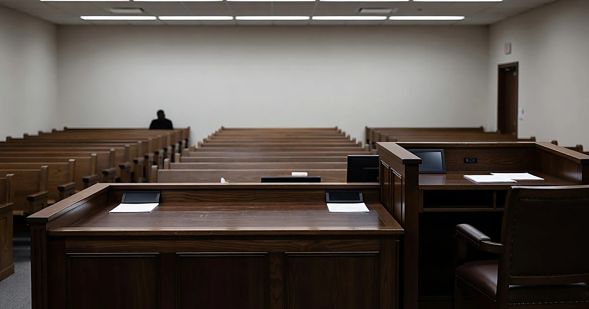 Empty Utah courtroom with judge's bench and witness stand, single silhouetted figure in gallery seating