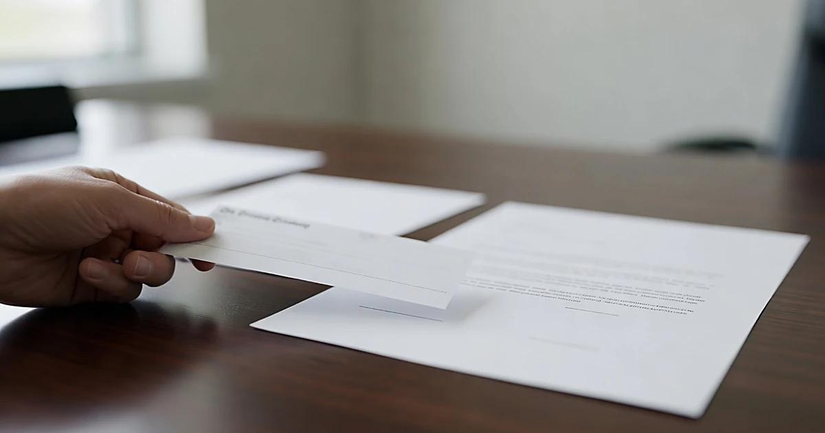 Treasury check and official letter being pushed across wooden desk in natural window light
