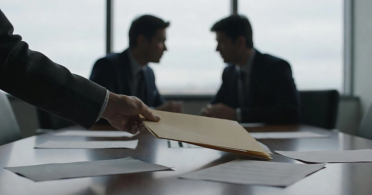 Hand sliding folder across conference table with silhouetted figures in background discussing documents