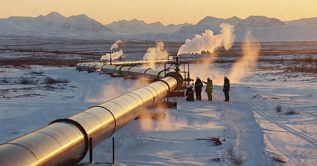 Large industrial gas pipeline crossing Alaska tundra with workers silhouetted against sunset mountains
