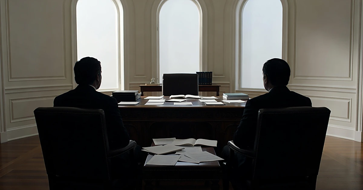 Silhouetted figures seated across from presidential desk in Oval Office during tense interview session