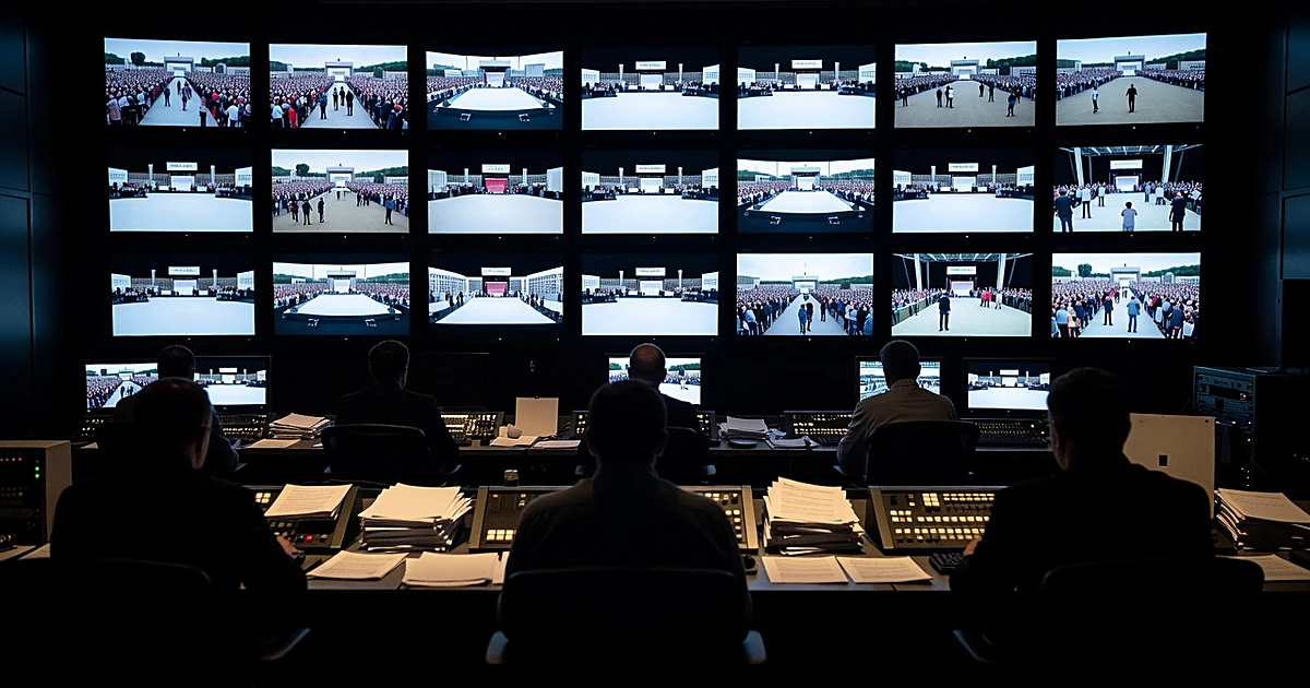 Television control room with monitors showing rally footage and silhouetted broadcast technicians at work
