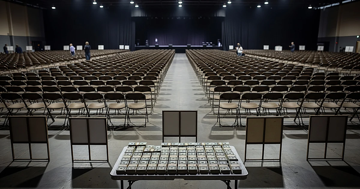 Stacks of bundled cash on table in large empty political rally venue with rows of chairs and distant stage