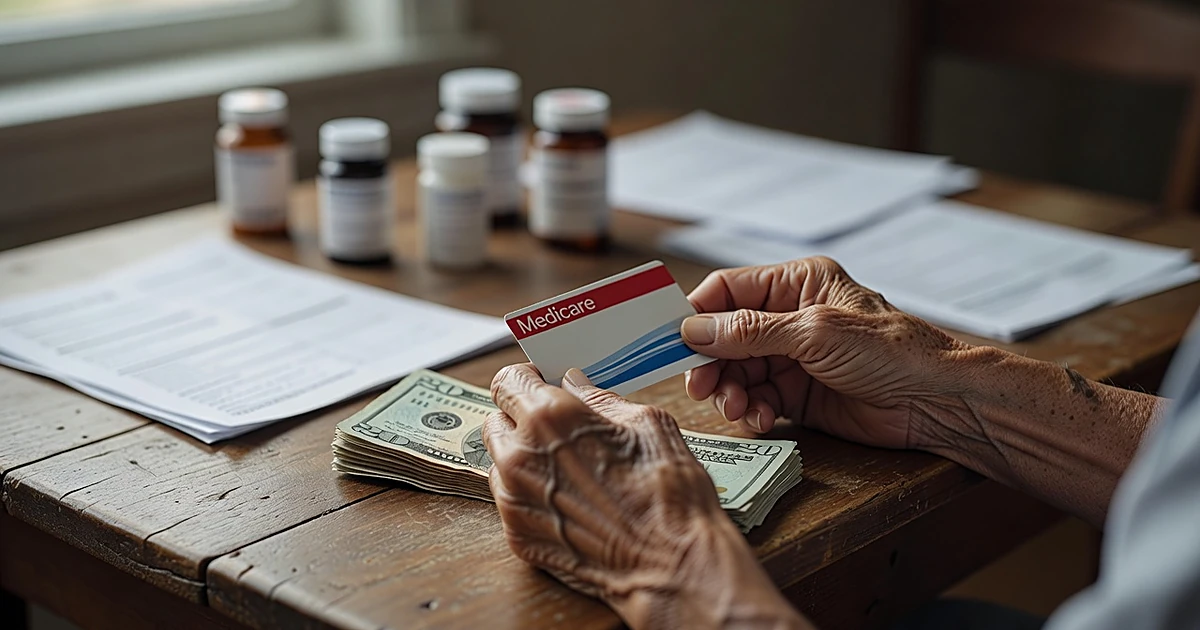 Elderly hands holding Medicare card and cash on table with prescription bottles in background